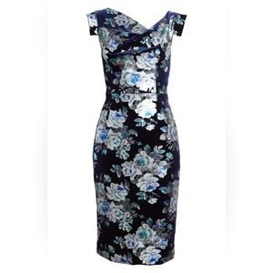 Black Halo Jackie O Floral Sheath Velvet Dress Plush Bloom Size 2